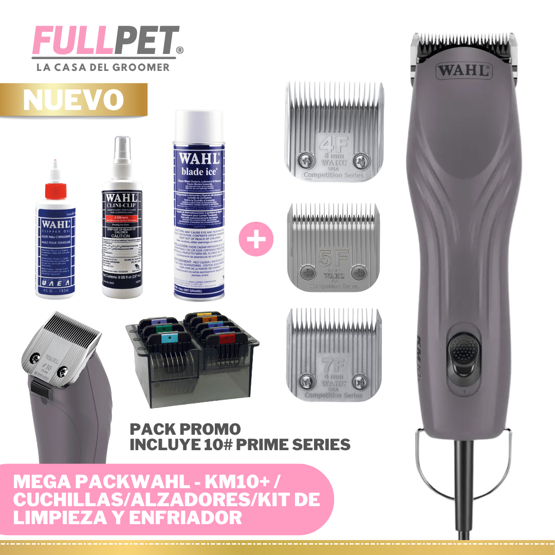 MEGA PACK Promocional WAHL - Maquina Profesional KM10+/7F+5F+4F/Kit Alzadores/Kit de Limpieza y Enfr